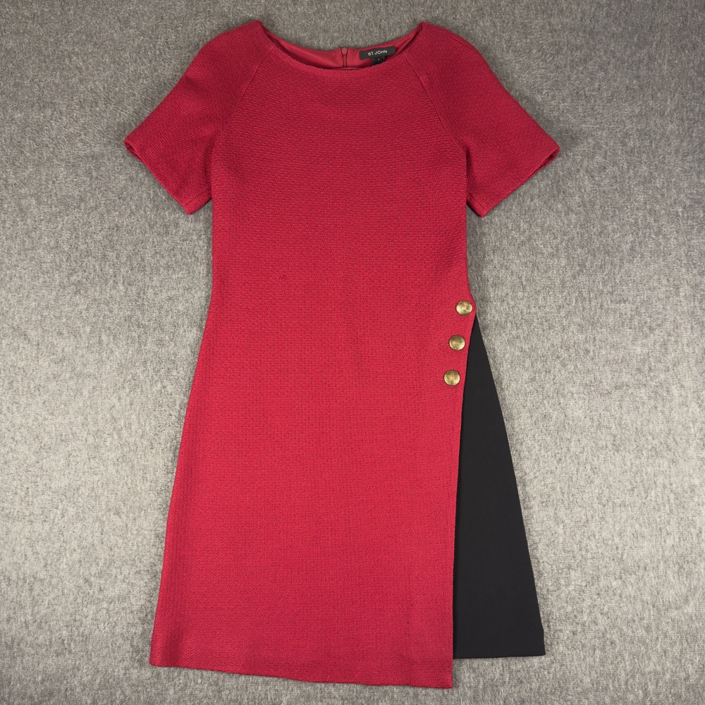 St John Dress Womens 4 Red Colorblock Short Sleeve Button Sheath Knee Length